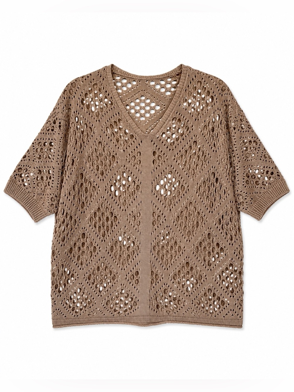 Crochet Fisherman Boho-Chic Open Weave Short Sleeve Taupe Sweater, Size Medium - Picture 2 of 10